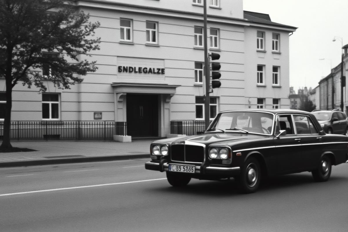 Kall krigstida gatubild i Stockholm med parkerad bil framför en legationsbyggnad